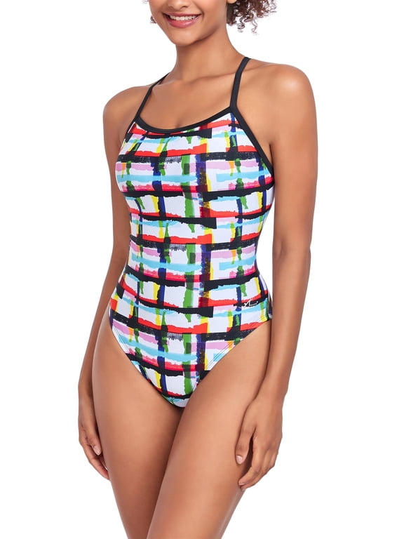 Printed One Piece Thin Strap Athletic Swimsuit, Team or Practice Swimwear for Girls and Women (FN051) - Rainbow - 36
