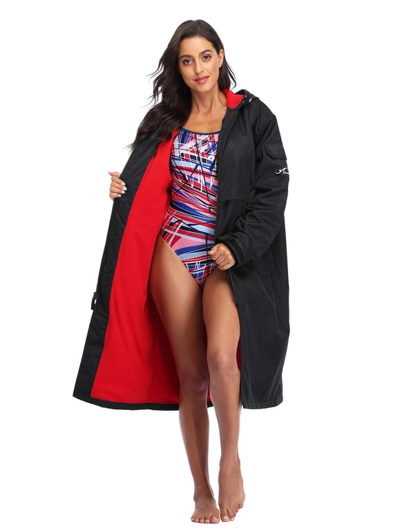 Waterproof Swim Parka, Hooded Warm Scuba Coat Surf Jacket for Men and Women (PK008) - Black/Red - XXXL