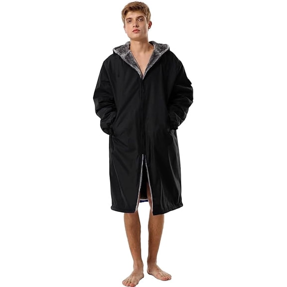 Adoretex Unisex Faux Fur Waterproof Swim Parka Change Robe – Ultra-Warm, Lightweight Sport Outerwear for Kids and Adults (PK003) - Black - AL