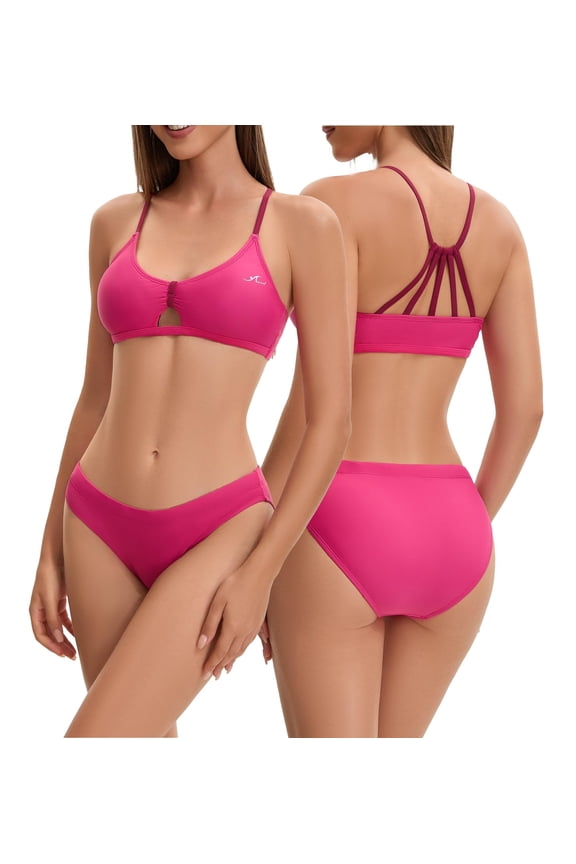 Women's Bikini Set Knot Front Criss Cross Back Bathing Suit, Two Piece Set Bikini Swimwear with Padding (FN045) - Strawberry/Maroon - XS