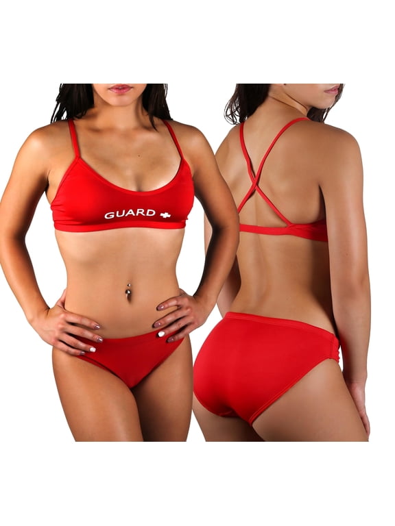 Women's Guard Cross Back Workout Bikini, Athletic Guard Two Piece Swimsuit Set for Girls and Women (FGP08)-Red-XS