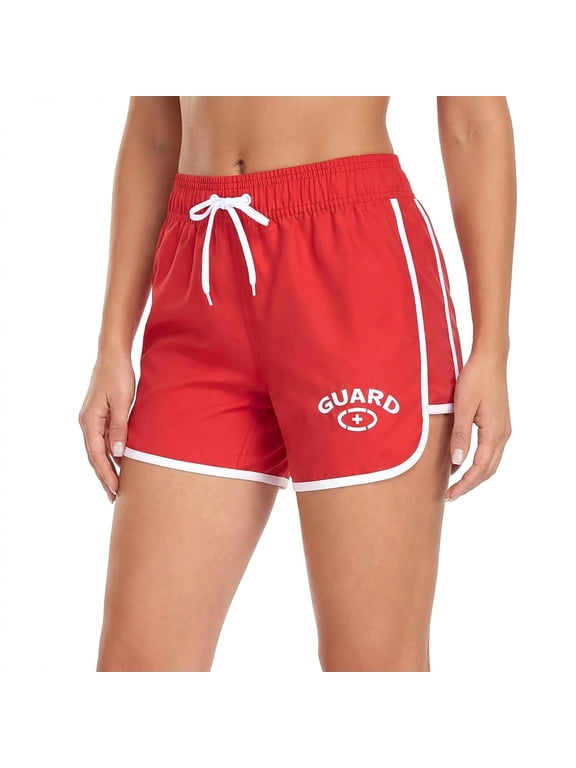 Women's Guard Swim Board Shorts - Lightweight, Comfortable and Quick-Drying Water Shorts with Drawcord - FGB010 - Red/White - S