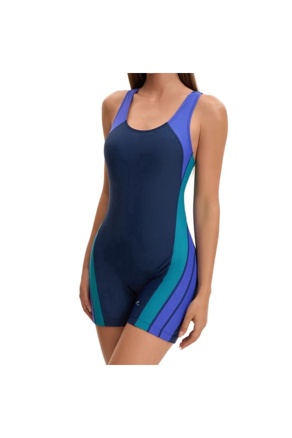 Women's Sports Boyleg Unitard Swimsuits, Full Coverage Bathing Suit with Removable Soft Pads (FU007) - Navy/Cobalt/Teal - XXL