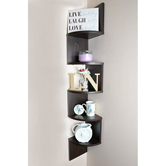 Adorn Home Essentials 5-Tier Corner Zig Zag Wall Mount Shelves, Walnut Finish Space-Saving Modern Display Rack for Bedroom, Living Room, or Office