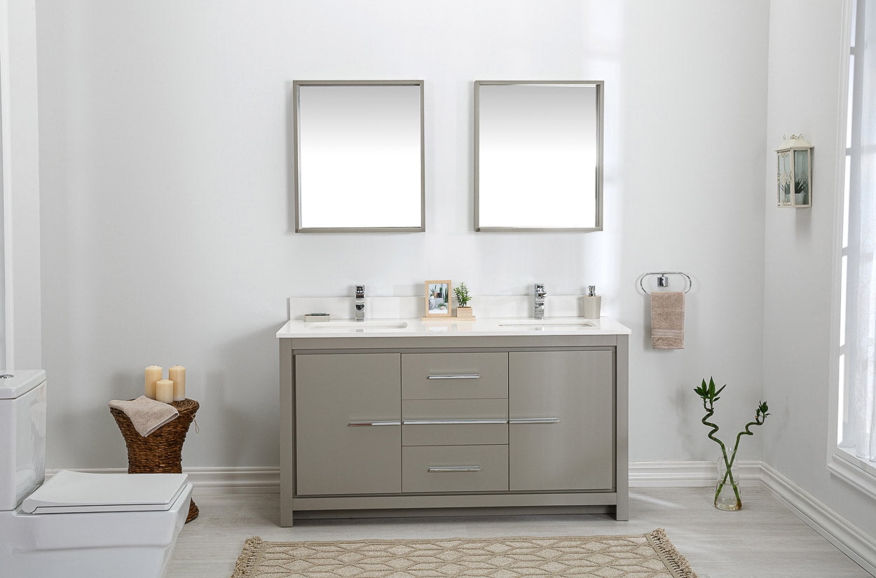 Adorn Vanity Mila Collection Ash Gray 60 inch Bathroom Vanity with Quartz Countertop and