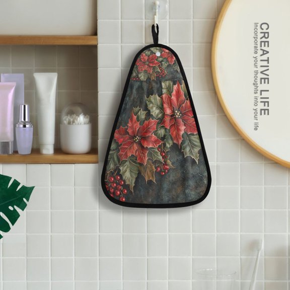 Adorned Poinsettia Holly Leaves Hanging Kitchen Towel Machine Washable Hand Towel Bathroom Absorbent Towel Quick Dry Dishcloth