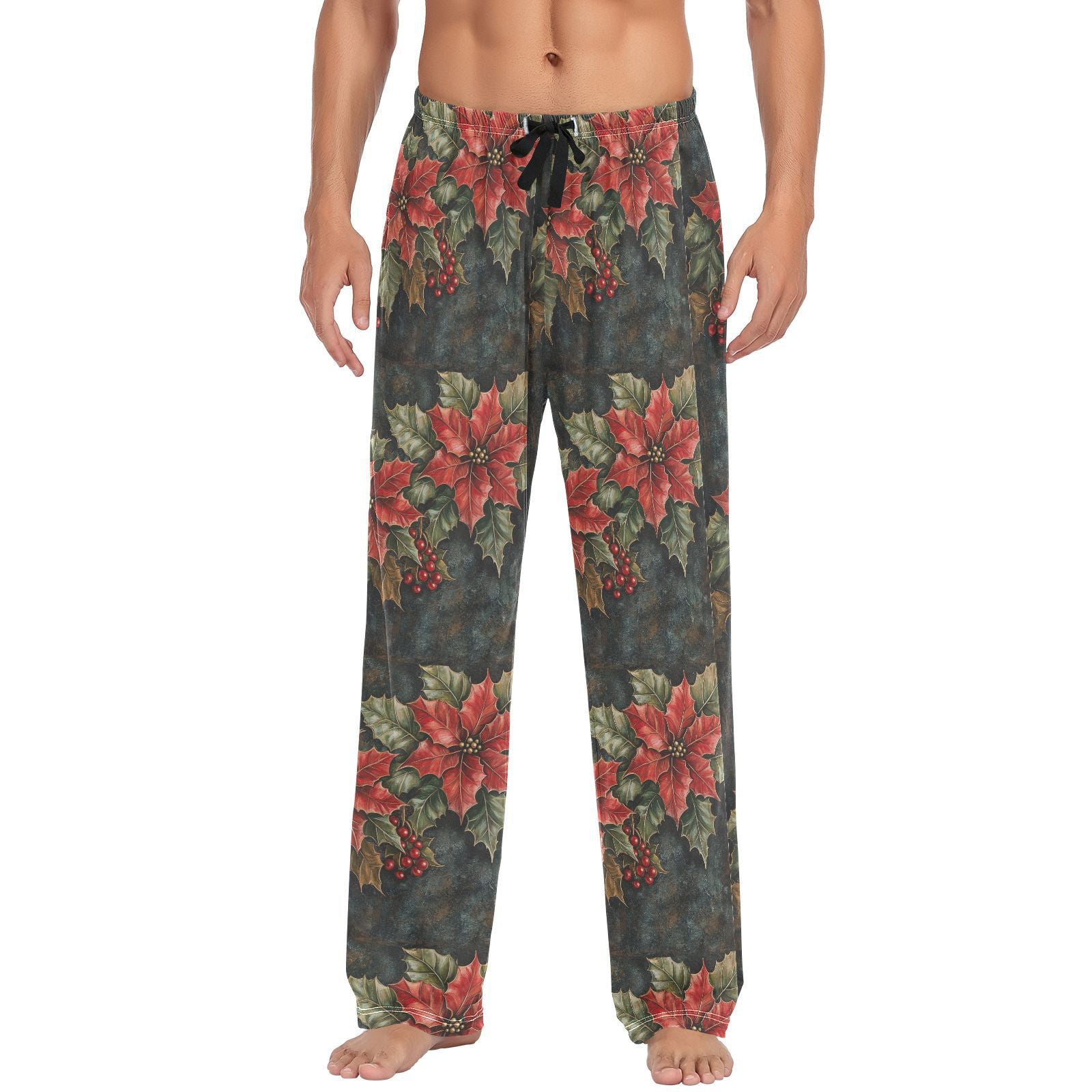 Adorned Poinsettia Holly Leaves Men's Pajama Pants with Pocket Lounge