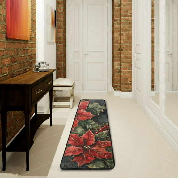 Adorned Poinsettia Holly Leaves Runner Rug Non Slip 7224 in Ares Rugs for Bedroom Bathroom Living Room