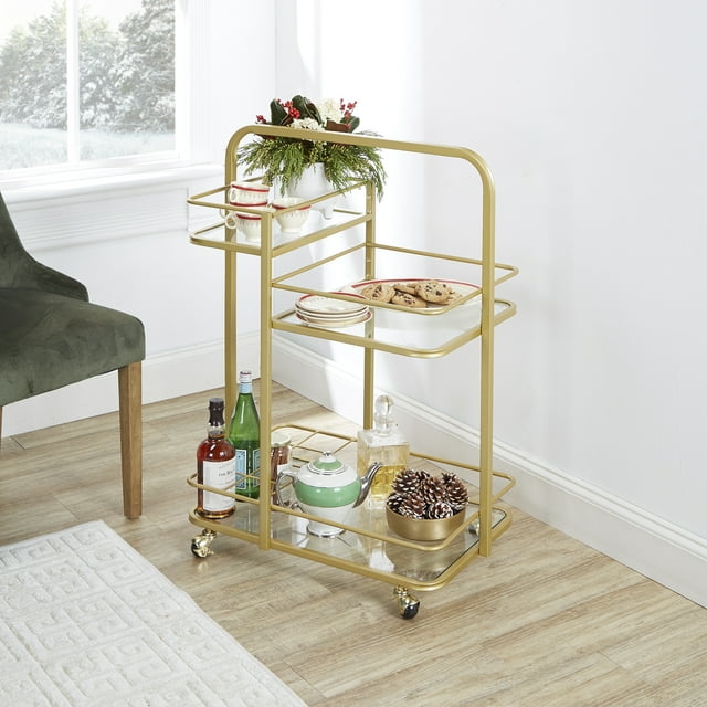 Adornments Gold Metal Serving Barcart with 3 Glass Shelves