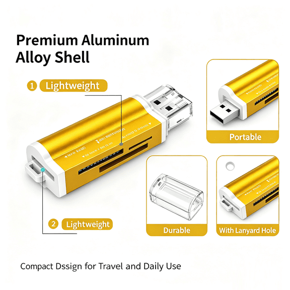 Adpan Sd Card Reader, Memory Card Reader 4 in 1 Dual Connector Adapter Simultaneously Read Sd/Tf(Microsd)/Ms Cards, Compatible with Camera, Tablets, And Smartphones, Gold
