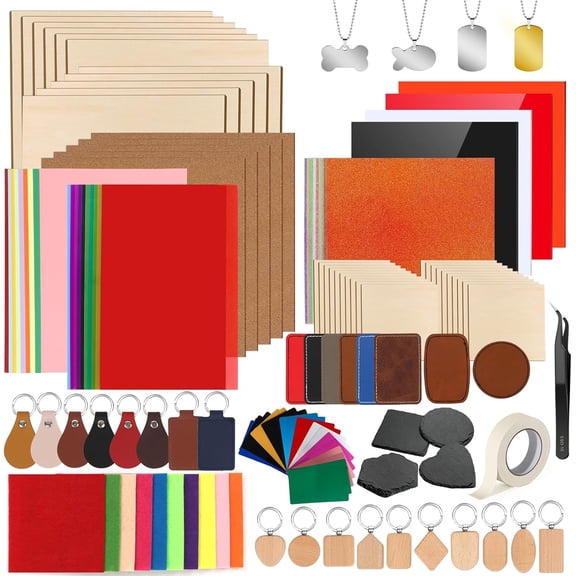 Adrattnay Laser Material Explore Kit, 170PCS Laser Engraving Supplies for Crafting,17 Kinds Blanks Includes Basswood, Birch, Acrylic, Leather, Metal for Engraver Machine