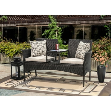 Adreanne Outdoor Wicker Tete-a - Tete bench with Removable Cushions & Table, Tempered Glass Top