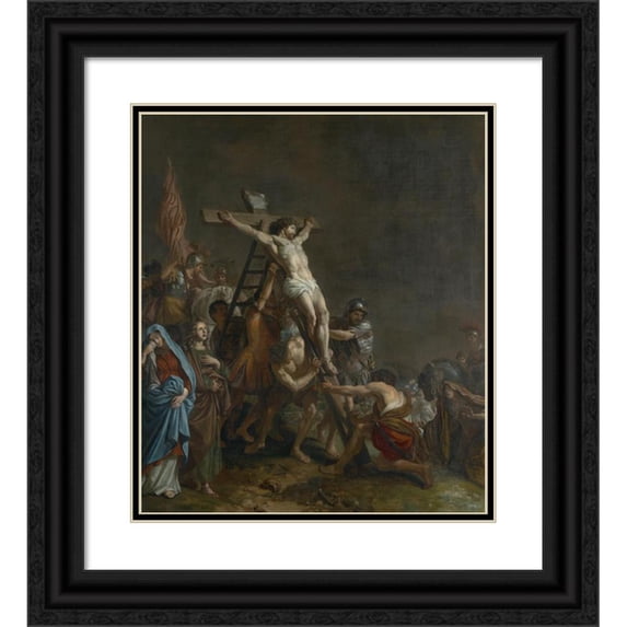Adriaen Backer 12x14 Black Ornate Wood Framed Double Matted Museum Art Print Titled: Raising of the Cross (1683)