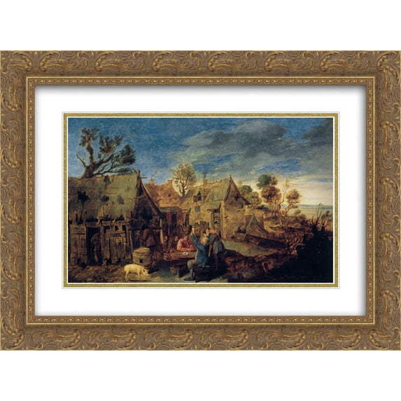 Adriaen Brouwer 2x Matted 24x20 Gold Ornate Framed Art Print 'Village Scene with Men Drinking'