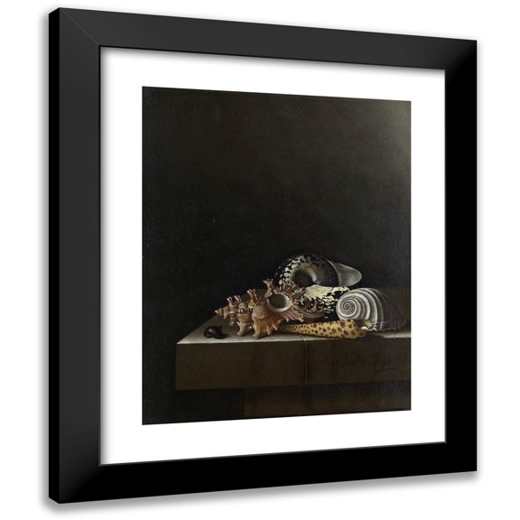 Adriaen Coorte 12x14 Black Modern Framed Museum Art Print Titled - Shells on a Stone Plinth (1698)