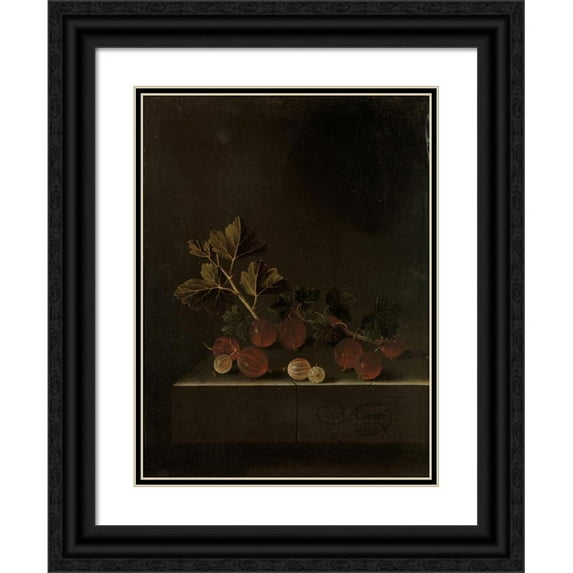 Adriaen Coorte 15x18 Black Ornate Wood Framed Double Matted Museum Art Print Titled - A Sprig of Gooseberries on a Stone Plinth (1699)