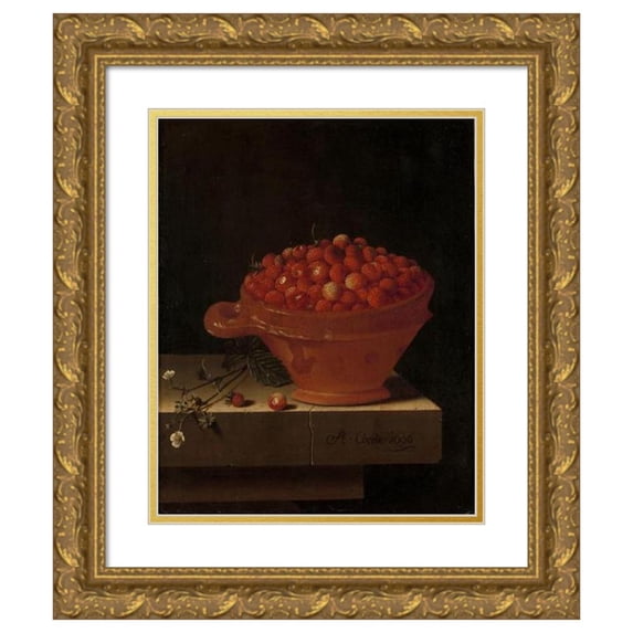Adriaen Coorte 20x24 Gold Ornate Framed and Double Matted Museum Art Print Titled - A Bowl of Strawberries on a Stone Plinth (1696)