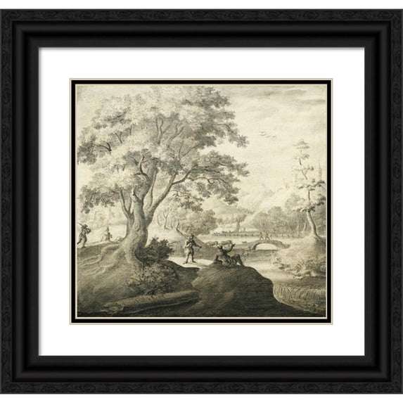Adriaen Cornelisz. van der Salm 16x15 Black Ornate Wood Framed Double Matted Museum Art Print Titled - River Landscape with Figures Resting Along a Path