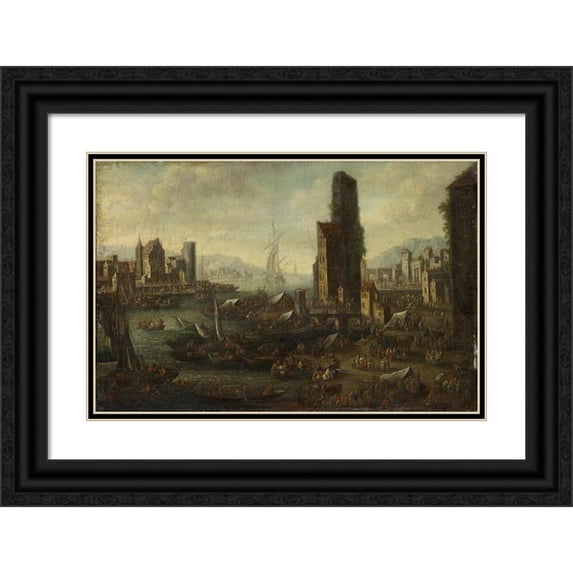 Adriaen Frans Boudewijns 14x11 Black Ornate Wood Framed Double Matted Museum Art Print Titled: Seaport