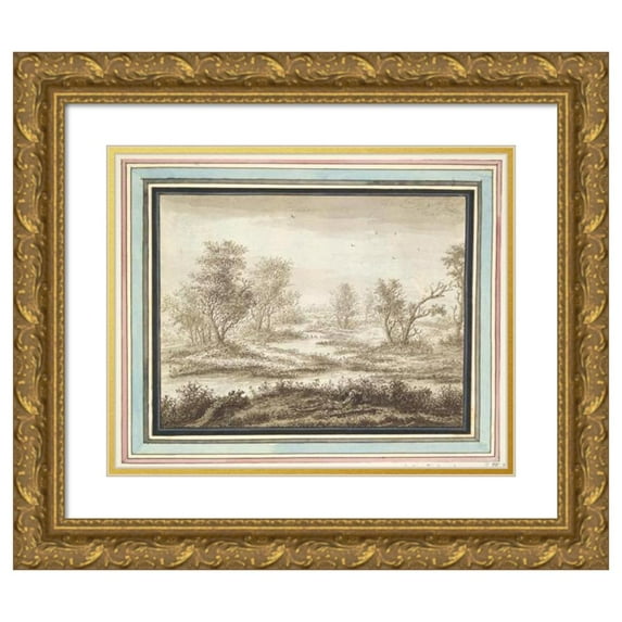 Adriaen Hendriksz. Verboom 24x20 Gold Ornate Framed and Double Matted Museum Art Print Titled - Trees in a Marshy Land (17th Century)