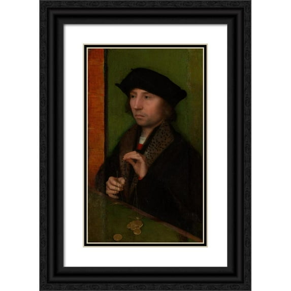 Adriaen Isenbrant 10x14 Black Ornate Wood Framed Double Matted Museum Art Print Titled: Man Weighing Gold (ca. 1515-20)