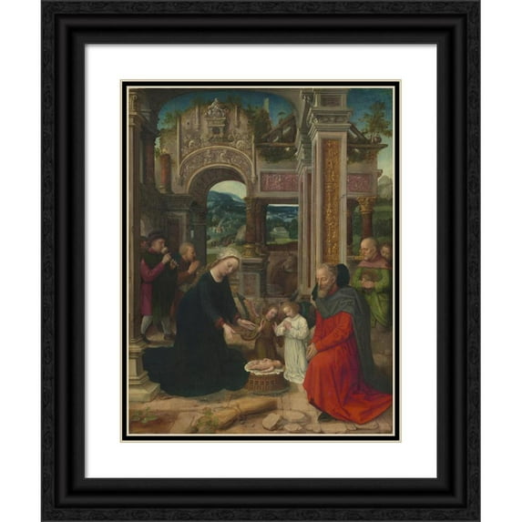 Adriaen Isenbrant 19x24 Black Ornate Framed Double Matted Museum Art Print Titled: The Adoration of the Shepherds (Probably 1520-1540)