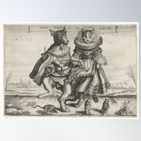 Adriaen Matham - Dansende Hond En Poes, 1660 Poster Wall Art, Modern Wall Decor For Living Room Bedroom, 24x36 UNFRAMED