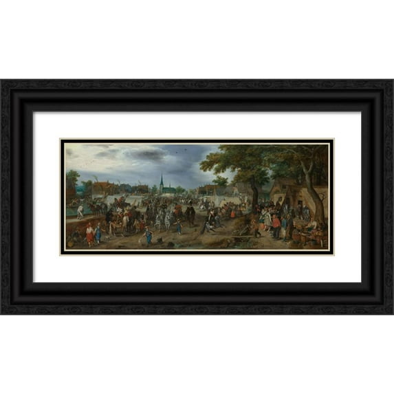 Adriaen Pietersz. Van De Venne 24x12 Black Ornate Framed Double Matted Museum Art Print Titled: Princes Maurice and Frederick Henry at the Valkenburg Horse Fair (1618)