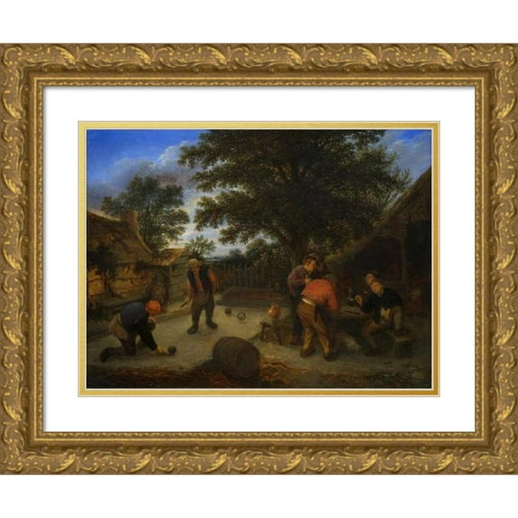 Adriaen van Ostade 14x12 Gold Ornate Wood Frame and Double Matted Museum Art Print Titled - Ballplayers in the Inn Garden (C. 1660)