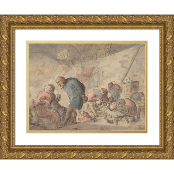 Adriaen van Ostade 18x15 Gold Ornate Wood Frame and Double Matted Museum Art Print Titled - Peasants Drinking (1610-85)