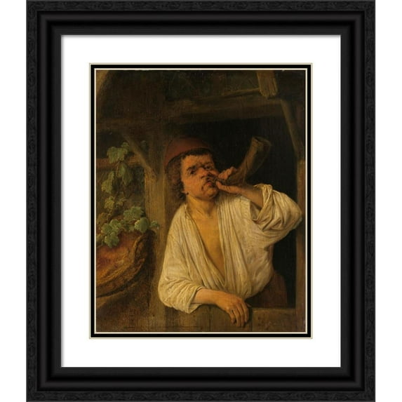 Adriaen van Ostade 20x24 Black Ornate Framed Double Matted Museum Art Print Titled: A Baker Sounding His Horn (C. 1648)