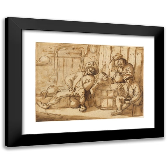 Adriaen van Ostade 24x19 Black Modern Framed Museum Art Print Titled - Peasants Drinking in a Tavern (Early 1640s)