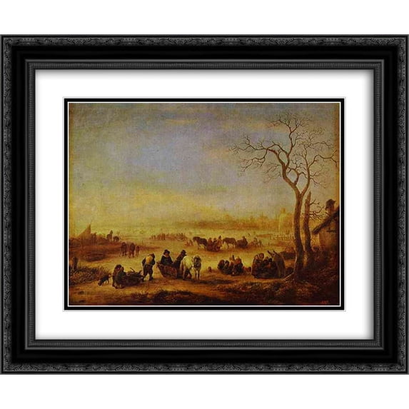 Adriaen van Ostade 2x Matted 24x20 Black Ornate Framed Art Print 'A Frozen Lake'
