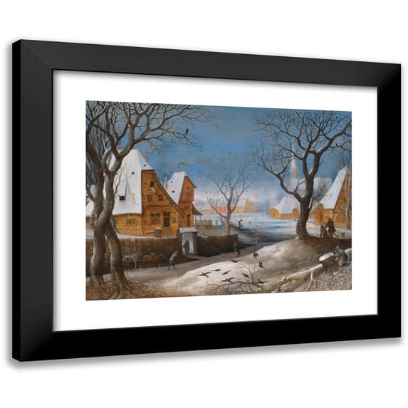 Adriaen van Stalbemt 24x19 Black Modern Framed Museum Art Print Titled - A Winter Landscape, with Figures in a Village