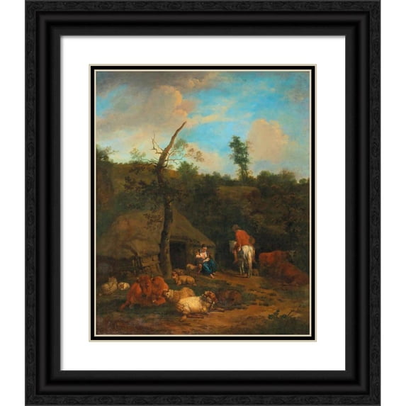 Adriaen van de Velde 20x24 Black Ornate Framed Double Matted Museum Art Print Titled: A Herdsman and a Shepherdess in Front of a Wooden Farmhouse