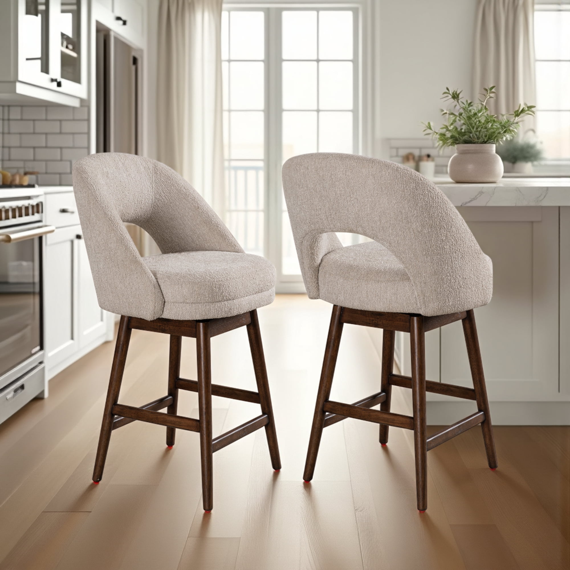 Adrian Brown Solid Wood Upholstered 26" Counter Height Swivel Barstool with Ancient Stone Fabric Seat - Set of 2