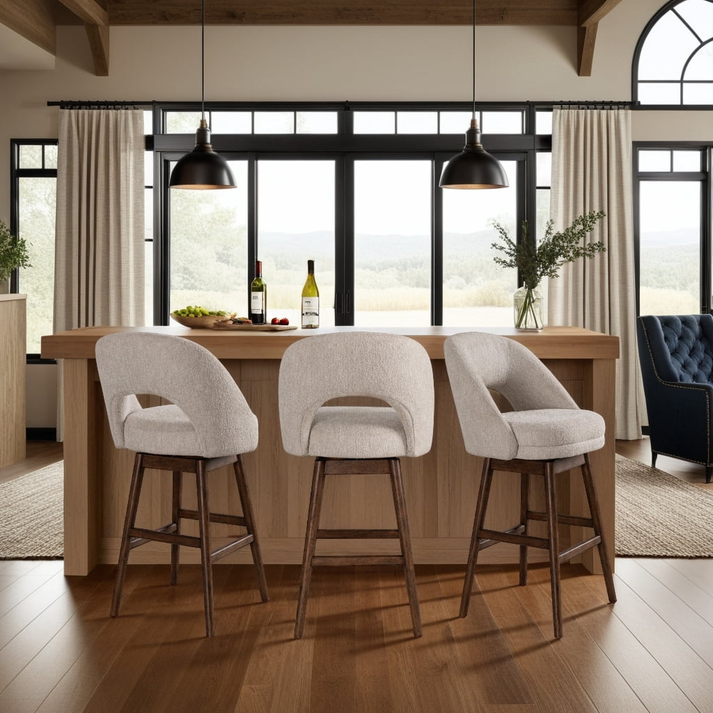 Adrian Brown Solid Wood Upholstered 30" Bar Height Swivel Barstool with Ancient Stone Fabric Seat - Set of 3