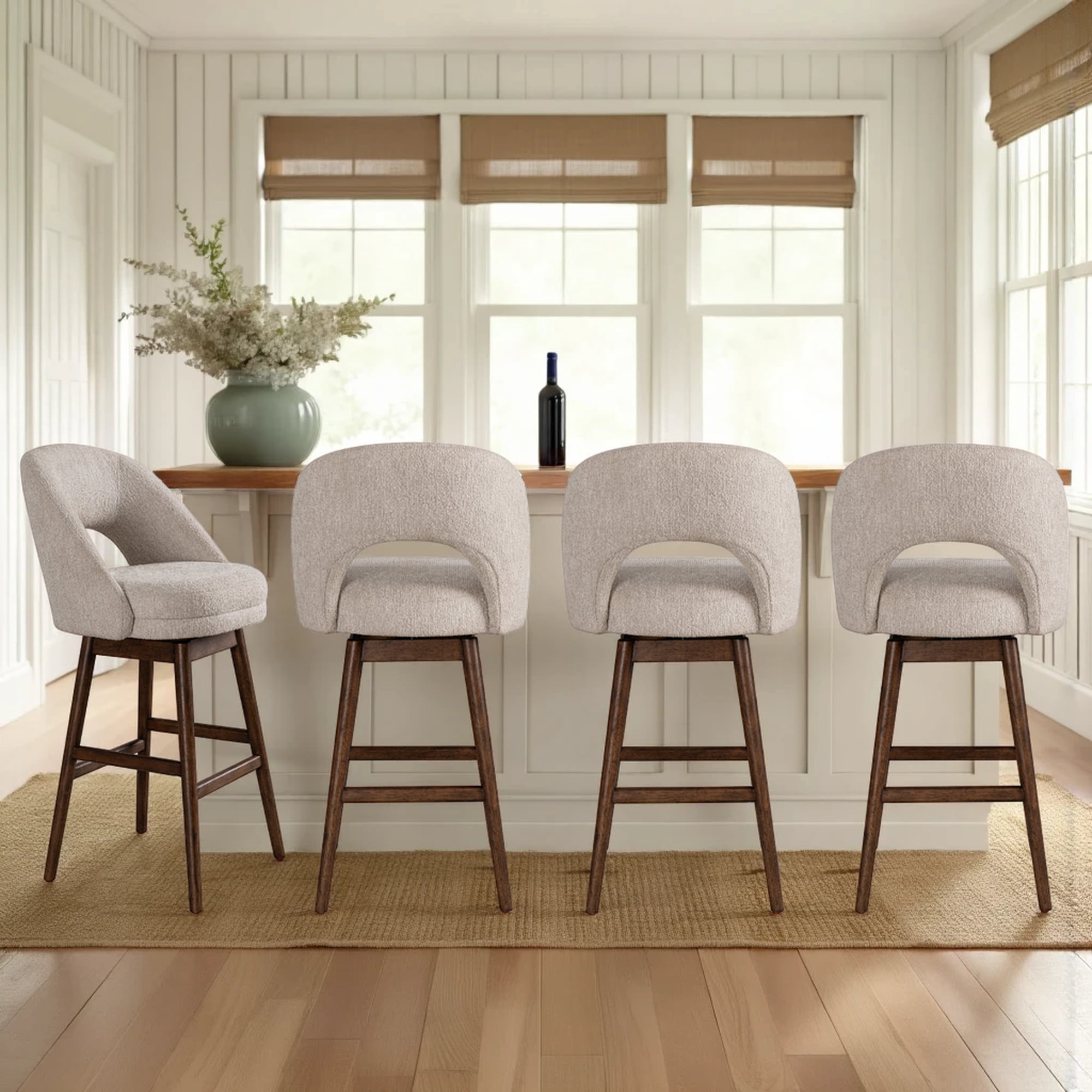 Adrian Brown Solid Wood Upholstered 30" Bar Height Swivel Barstool with Ancient Stone Fabric Seat - Set of 4