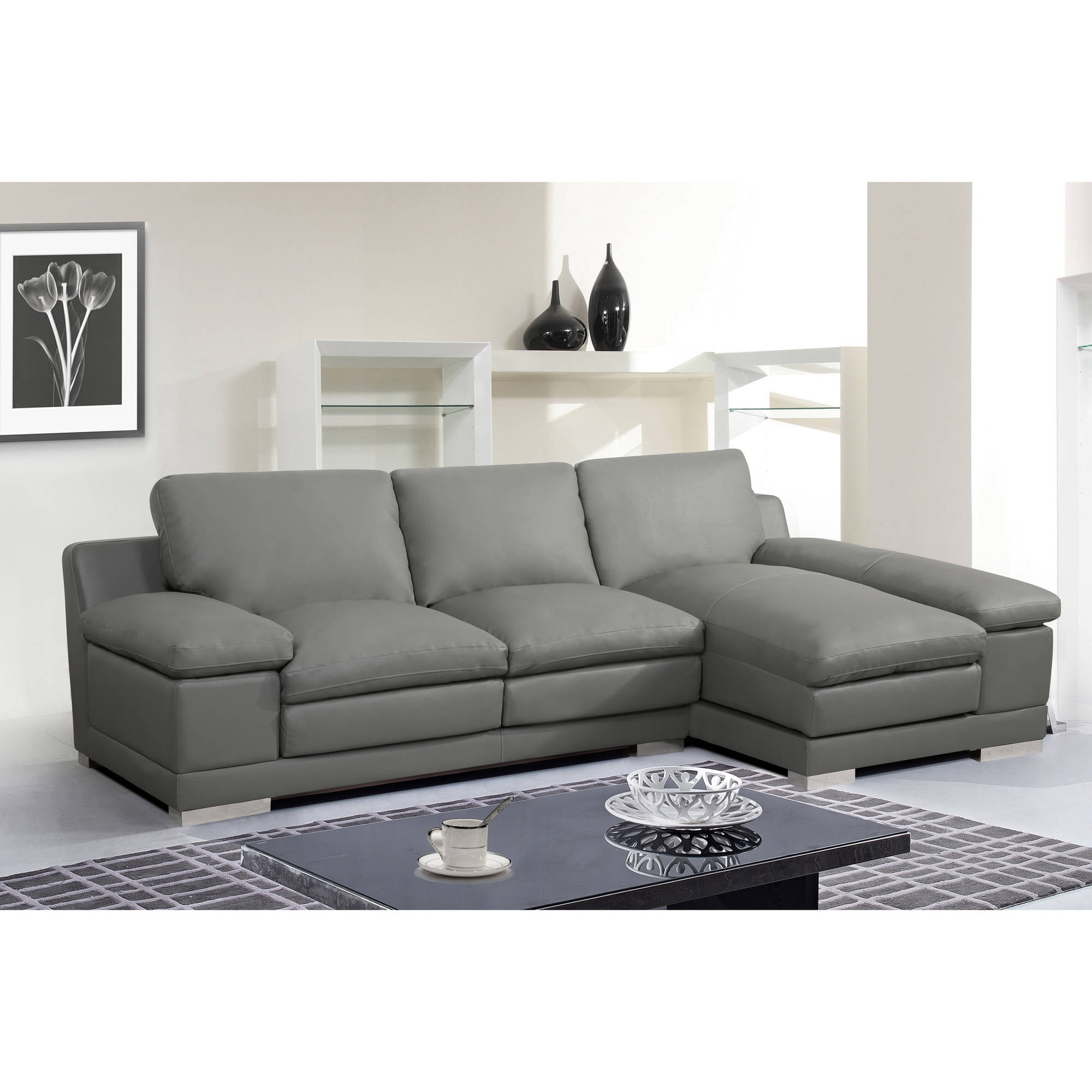 Adrian Contemporary Bonded Leather Right Facing 2 Piece Sectional Sofa Grey