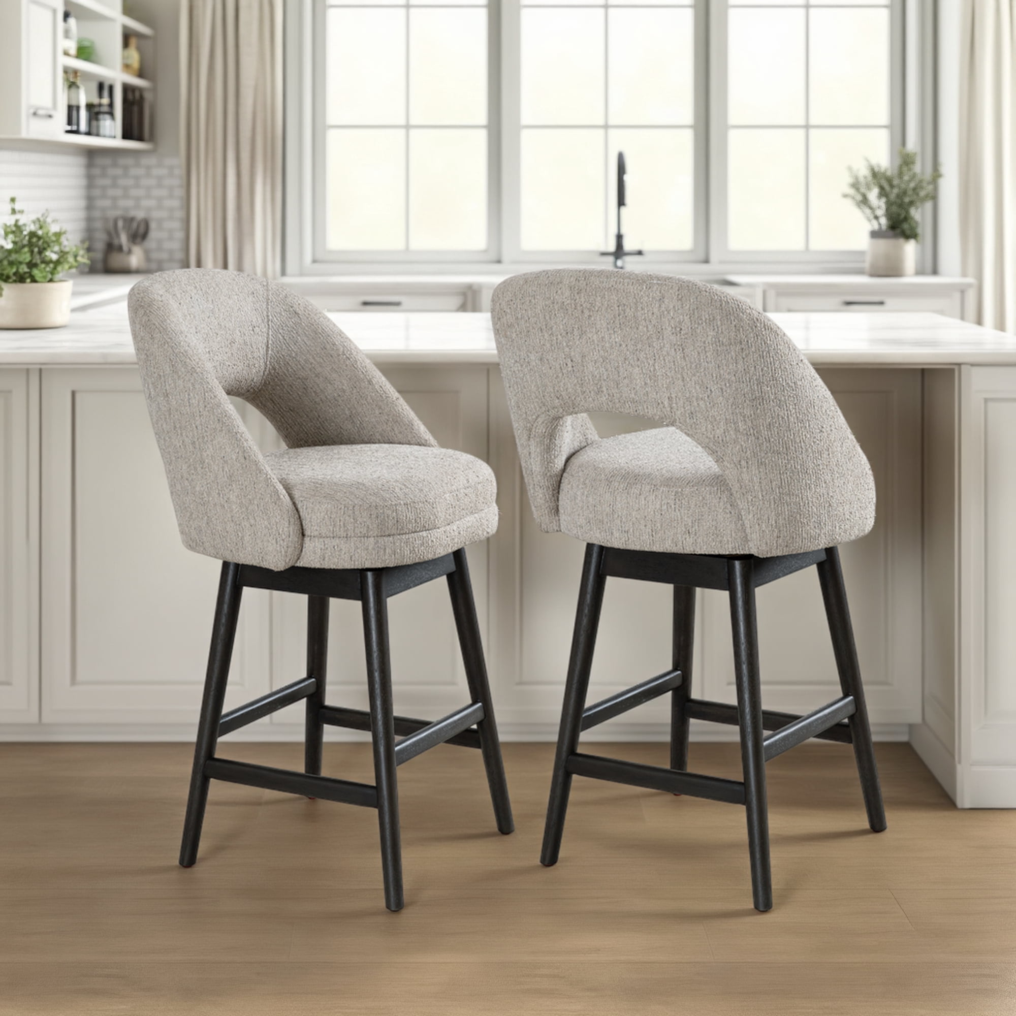Adrian Gray Solid Wood Upholstered 26" Counter Height Swivel Barstool with Morning Fog Fabric Seat - Set of 2