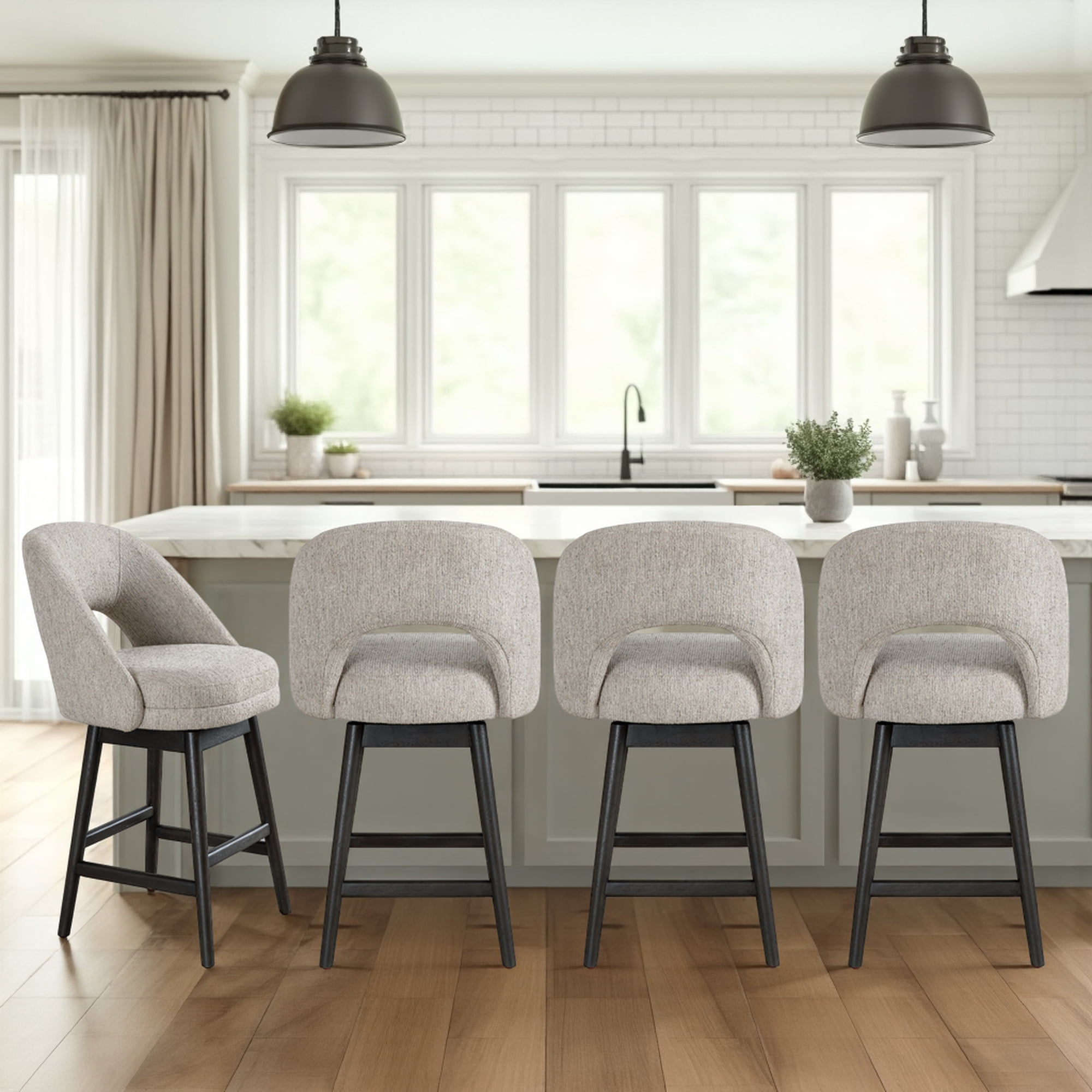 Adrian Gray Solid Wood Upholstered 26" Counter Height Swivel Barstool with Morning Fog Fabric Seat - Set of 4