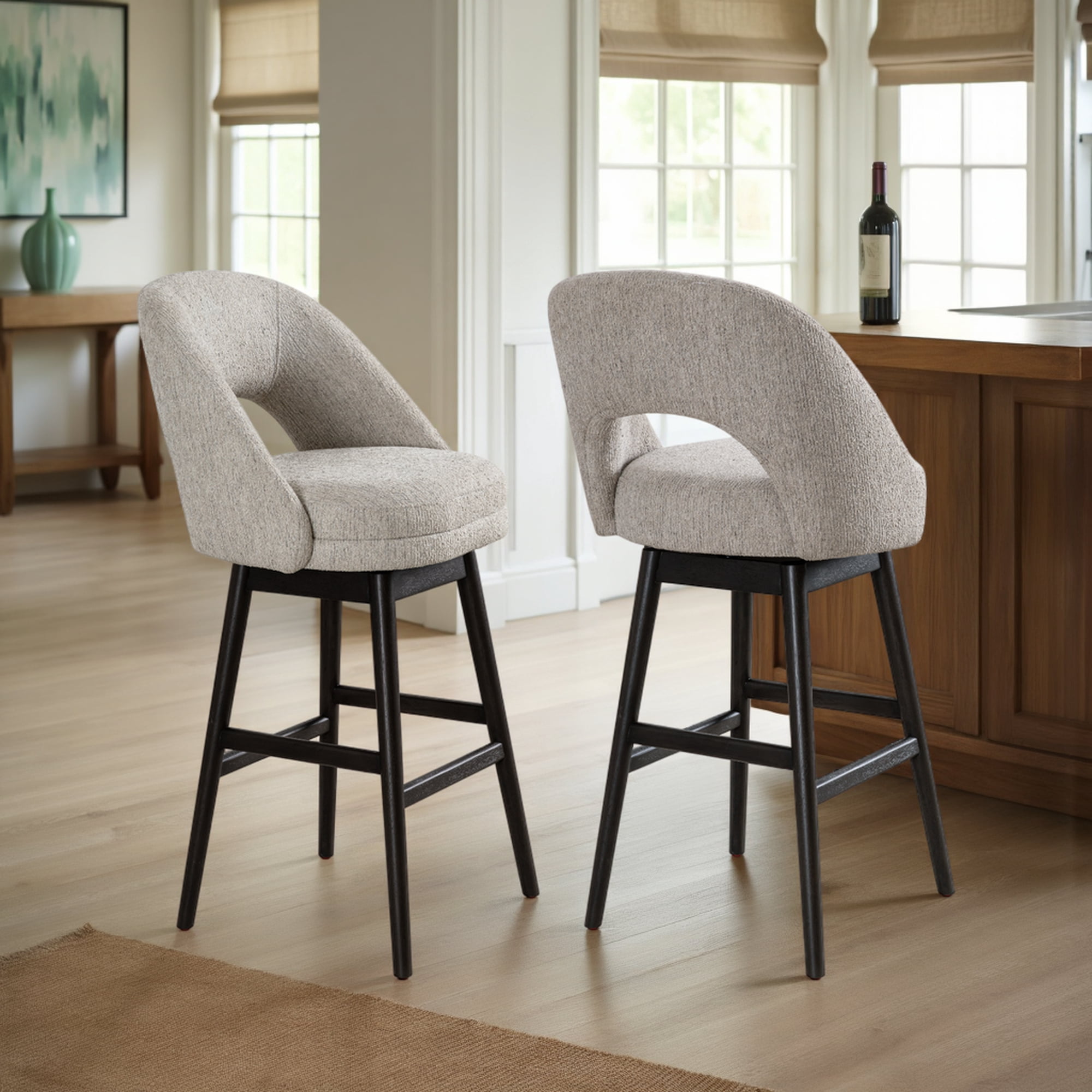 Adrian Gray Solid Wood Upholstered 30" Bar Height Swivel Barstool with Morning Fog Fabric Seat - Set of 2