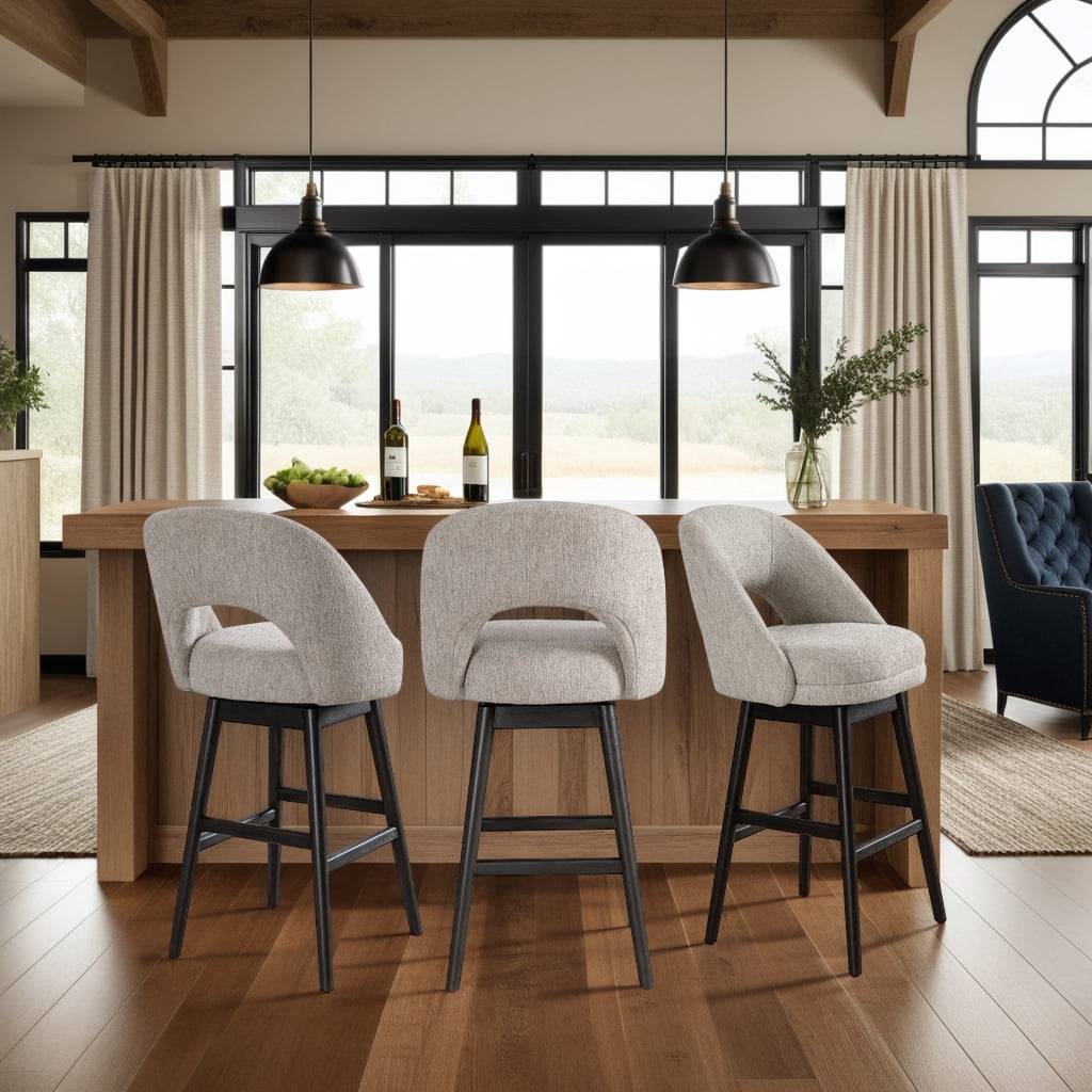 Adrian Gray Solid Wood Upholstered 30" Bar Height Swivel Barstool with Morning Fog Fabric Seat - Set of 3