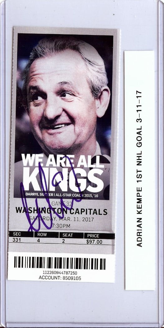Adrian Kempe Signed Autographed Ticket Kings 1st NHL Goal 3-11-17 JSA AX25431
