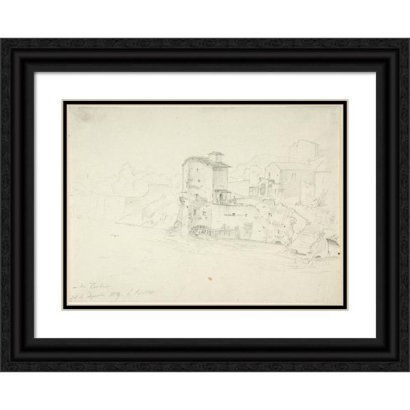 Adrian Ludwig Richter 24x18 Black Ornate Framed Double Matted Museum Art Print Titled: Landscape with Mill and Buildings (1820-84)