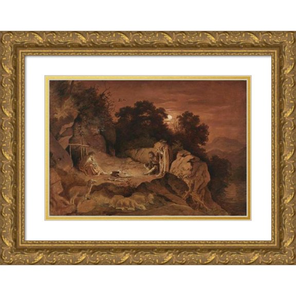 Adrian Ludwig Richter 24x18 Gold Ornate Framed and Double Matted Museum Art Print Titled - Shepherds by the Fire (Evening Landscape) (Approx. 1861)