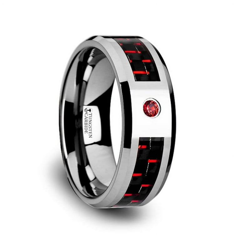 Thorsten ADRIAN Tungsten Carbide Ring with Black and Red Carbon Fiber and Red Ruby Setting with Bevels - 8mm Thorsten ADRIAN Tungsten Carbide Ring with Black and Red Carbon Fiber and Red Ruby Setting with Bevels - 8mm