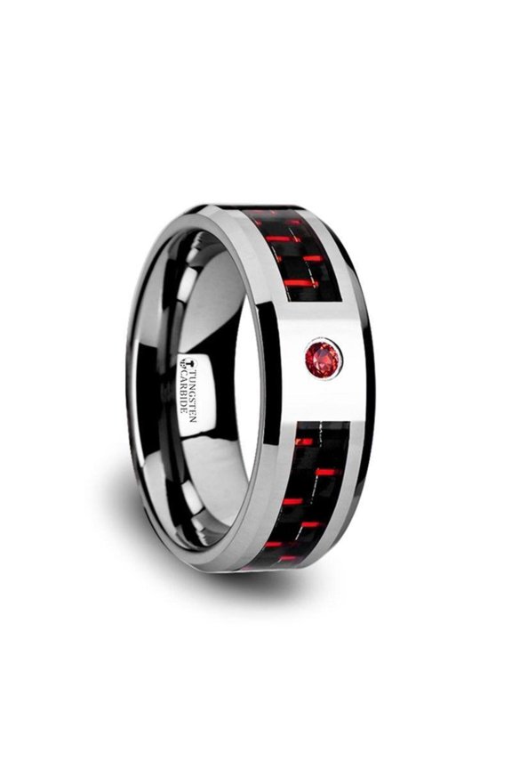 Adrian Tungsten Carbide Ring With Black And Red Carbon Fiber And Red Ruby Setting With Bevels