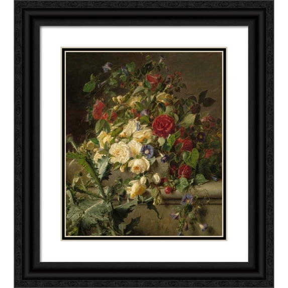 Adriana Johanna Haanen 15x17 Black Ornate Wood Framed Double Matted Museum Art Print Titled - Flowering Roses About an Old Balustrade (1834-1895)