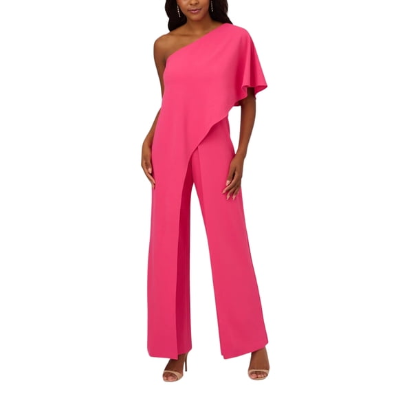 Adrianna Papell Asymmetrical One Shoulder Cape Sleeve Stretch Crepe Solid Jumpsuit (Plus Size) Color: WATERMELON BLISS, Size: 14W